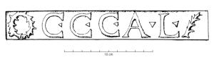 BRQ-4027 - Brique estampillée C.C.C.A.Lterre cuiteTPQ : 48 - TAQ : 100Brique estampillée C.C.C.A.L, dans un cartouche rectangulaire entre une couronne et une palme.
