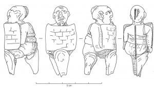 CNF-4092 - Canif : gladiateur (Thrace)fer, osCanif dont le manche représente un gladiateur debout (Thrace), en position d'attaque, genoux fléchis ; de manière inhabituelle, il ne porte aucun casque, laissant voir son crâne rasé avec une mèche conservée à l'arrière ; bouclier en segment de cylindre, jambières.
