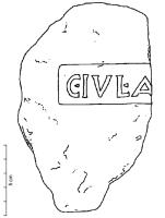 COV-4343 - Tuile estampillée C.IVL.Aterre cuiteTPQ : 1 - TAQ : 100Tuile estampillée C.IVL.A, dans un cartouche rectangulaire.