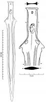 EPE-1033 - Épée de type EmigkofenbronzeÉpée à soie plate et bords relevés ; large garde en V  à deux trous de rivets et deux échancrures ; poignée à plusieurs trous de rivets à fines incisions parallèles sur les bords - pour mieux assurer la liaison avec les parements en bois ou en os ; lame pistilliforme de section elliptique ou losangique ornée de filets.