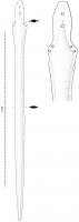 EPE-2003 - Épée hallstattiennebronzeÉpée à lame épaisse et renflée, de section biconvexe, évasée au niveau de la garde marquée par un ricasso assez net ; languette plate, sans rebords, avec 2 trous de rivets dans l'axe et 2 autres de chaque côté.