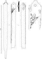 EPE-3014 - Épée celtiqueferEpée celtique en langue de carpe à fourreau décoré : entrelacs en grappe, disposés en diagonale, renforcés de zones internes triangulaires hachurées.