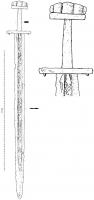 EPE-9004 - ÉpéeferÉpée damassée à large gorge médiane ; garde à deux rivets de fixation inutiles ici, mais qui rappellent la fabrication ancienne de l'arme (une âme de bois entre deux plaques métalliques rivetées).