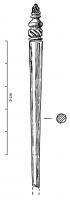 EPG-4511 - Épingle à sommet mouluréosEpingle à fût de section cylindrique, sans renflement ; la tête comporte une succession de volumes (ornés de hachures obliques) séparés par des gorges, avec un bouton sommital à incisions obliques.
