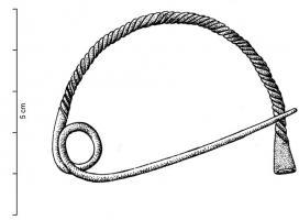 FIB-1116 - Fibule à arc simplebronzeFibule à arc filiforme, en arc de cercle, dont l'arc est entièrement recouvert d'un décor torsadé, sans limitation, laissant simplement une plage lisse, parfois très réduite, au contact du porte-ardillon et du ressort;  l'extrémité est simplement écrasée pour former le porte-ardillon ; ressort unilatéral à une spire.