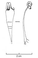 FIB-3008 - Fibule de Nauheim 5a6bronzeTPQ : -120 - TAQ : -50Ressort à 4 spires et corde interne ; arc plat, triangulaire et tendu ; porte-ardillon trapézoïdal ajouré et arc orné seulement de trois incisions transversales à mi-hauteur.