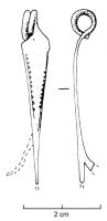 FIB-3011 - Fibule de Nauheim 5a9bronzeRessort à 4 spires et corde interne ; arc plat, triangulaire et tendu ; porte-ardillon trapézoïdal ajouré et arc orné de deux fausses échelles convergentes (lignes incisées bordées de ponctuations).
