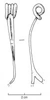FIB-3033 - Fibule de Nauheim 5a19bronzeTPQ : -120 - TAQ : -50Ressort à 4 spires et corde interne; arc plat, triangulaire et tendu; porte-ardillon trapézoïdal ajouré ; arc orné d'une échelle médiane, interrompue par des incisions transversales.