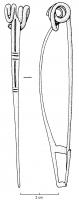 FIB-3038 - Fibule de Nauheim 5a24bronzeRessort à 4 spires et corde interne ; arc plat, triangulaire et tendu ; porte-ardillon trapézoïdal ajouré ; arc orné d'une échelle médiane, interrompue à deux reprises par des incisions transversales.