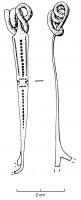 FIB-3039 - Fibule de Nauheim 5a25bronzeRessort à 4 spires et corde interne ; arc plat, triangulaire et tendu ; porte-ardillon trapézoïdal ajouré ; arc à décor interrompu par deux lignes pointillées encadrant des traits en V : au-dessus, échelle médiane avec deux filets latéraux ; vers le pied, échelle médiane seule.