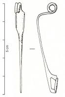 FIB-3084 - Fibule de Nauheim 5c16bronzeRessort à 4 spires et corde interne ; arc plat, triangulaire et tendu ; porte-ardillon trapézoïdal ajouré ; arc orné de deux filets latéraux; ensuite, sur les côtés de la partie étroite, incisions obliques latérales.