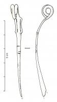 FIB-3087 - Fibule de Nauheim 5c19bronzeTPQ : -120 - TAQ : -50Ressort à 4 spires et corde interne; arc plat, triangulaire et tendu ; porte-ardillon trapézoïdal ajouré ; arc orné de deux encoches semi-circulaires, soulignées de filets incisés, dans la partie la plus large; ensuite la partie étroite de l'arc est interrompue par quelques incisions transversales.