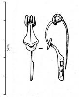FIB-3113 - Fibule type Kragenfibel méridionalebronzePetite fibule à collerette (L. env. 40 mm), ressort à 4 spires et corde interne: arc triangulaire, évasé en feuille avec une nervure médiane; collerette lisse, rapportée; pied rectiligne, lisse et étroit; porte-ardillon fenestré.