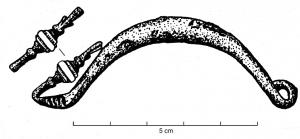 FIB-3946 - Fibule laténienne à pied redressébronzeFibule à arc de profil symétrique et surbaissé, section ronde; pied redressé vers l'arc et orné d'un bouton mouluré, d'aspect variable ; resssort à 4 spires et corde externe.

