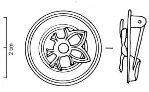 FIB-4128 - Fibule discoïdalebronzeFibule circulaire non émaillée, pourvue d'une collerette découpée de fentes rayonnantes (comme sur le type F.19e), avec un cabochon central en pierre colorée ou pâte de verre.