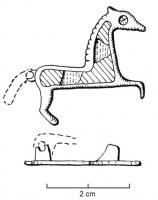 FIB-4183 - Fibule zoomorphe : chevalbronzeTPQ : 120 - TAQ : 260Fibule en forme de cheval à droite, le corps creusé d'une seule loge d'émail.