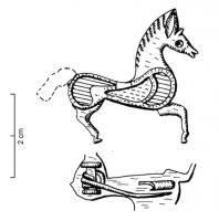 FIB-4330 - Fibule zoomorphe : chevalbronzeTPQ : 120 - TAQ : 260Fibule en forme de cheval à droite, le corps creusé de plusieurs loges d'émail. Articulation par ressort sur axe.