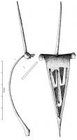 FIB-4773 - Fibule de type AlésiabronzeFibule à arc plat, de forme triangulaire ou ogivale, charnière repliée vers l'intérieur et pied redressé, généralement percé d'un ornement transversal (bâtonnet, perles...); arc orné de rangées de triangles estampés (3 ou 5), souvent séparés par des sillons convergents ou croisés.