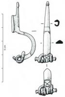 FIB-4958 - Fibule en arbalètebronzeFibule à arc cintré, section triangulaire ; le pied allongé, aussi étroit que l'arc, porte au contact de l'arc un porte-ardillon court, en étrier ; décor incisé à la tête ; ressort en fer rapporté sur axe, à corde interne.