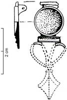 FIB-4967 - Fibule à disque concavebronzeTPQ : 75 - TAQ : 250Fibule généralement étamée, caractérisée par un disque concave du côté de la tête; une barette creuse transversale le sépare du pied; ce dernier se compose de deux tiges courbées en forme de coeur et prolongées par un losange à bords concaves.