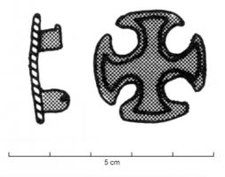 FIB-6111 - Fibule cruciformebronzeFibule en forme de croix pattée, branches évasées et inscrite dans un cercle; pourtour simplement souligné d'un profond sillon, pouvant isoler au centre un carré à bords concaves ou un léger umbo.