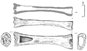 FLU-4001 - FlûteosFlûte en os taillée dans un os long, comportant à l'extrémité proximale un orifice pour la production du son et le long du corps deux autres trous (ou davantage) pour la modulation.