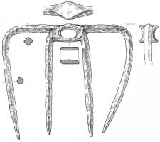 HOU-4005 - Houe à 4 dentsferHoue à 4 dents longues, émergeant perpendiculairement d'un bras percé au centre pour la fixation du manche.