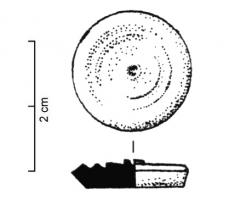 JTN-4011 - JetonosJeton circulaire (diam. c. 17mm), tranche oblique ; face supérieure creusée de 2 à 4 gorges en V oblique, avec au centre un mamelon plus élevé.