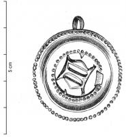MER-9004 - Médaille religieuse : M(arie)plombFibule en forme de monnaie, frappée de l'écu couronné, aux Armes de France (3 fleurs de lis), entouré de la légende + AVE : MARIA : GRACIA : PLENA ; au revers, épingle pour la fixation.