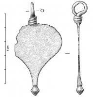 PDH-4072 - Pendant de harnais à charnièrebronzeTPQ : 1 - TAQ : 100Pendant de harnais foliacé, à lest biconique; suspsension assurée par le fil étiré au sommet de l'objet et noué en boucle.