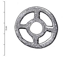 PDQ-1062 - Pendeloque en rouellebronzeRouelle composée de 2 cercles concentriques reliés par quatre rayons répartis symétriquement ; pas de bélière.