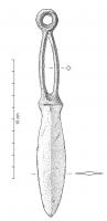 PGD-1046 - Poignard de type VogherabronzePognard entièrement coulé, à lame en forme de feuille allongée, section losangique avec arête médiane marquée; manche en forme de boucle allongée, surmontée d'un anneau.