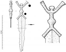 PGD-3002 - Poignard anthropoïdeferPoignard dont le manche évoque une figure humaine, les 4 membres écartés, autour d'un élément central biconique ; la tête est représentée par une spohère légèrement aplatie aux pôles ; lame effilée, de section losangique sur toute la longueur.