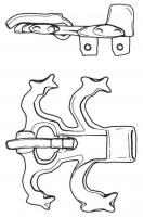 PLB-5192 - Plaque-boucle rigidebronzePlaque-boucle rigide dont le corps est formé d'une superposition de deux paires d'ergots divergents en arcs de cercles, aux terminaisons zoomorphes stylisées. 