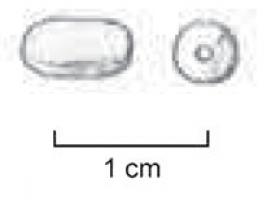 PRL-4131 - Perle ovoïde à cylindrique noireverreTPQ : 300 - TAQ : 450Perle de petite de dimension ovoïde à cylindrique, trapue, bords adoucis au feu; teinte sombre, d'aspect noir.