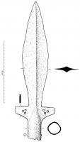 PTL-8001 - Pointe de lance à ailettes courtes percéesferPointe de lance  à lame fusiforme large et courte, de section losangique (épieu de chasse), munie à sa base de deux ailettes courtes percées chacune de trois trous disposés en triangle; douille cylindrique.
 