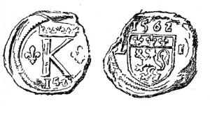 SCL-9013 - Sceau de douane : Lyon, Charles IXplombSur une face, lettre K (Karolus) couronnée et accostée de deux fleurs de lis ; en dessous, date (1562...); autre face, armes de la ville de Lyon (lion à gauche, sous une bande à trois fleurs de lis), sous la date (1562) et accostées des lettres L et I.