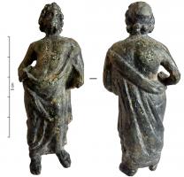 STE-4267 - Statuette : Asclépios - EsculapebronzeEsculape sous la forme d'un homme d'âge mur barbu, représenté la tête ceinte d'un bandeau et le bas du corps vêtu d'un vêtement couvrant l'épaule gauche. Il s'appuyait sans doute sur un caducée.