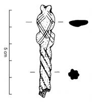 EPG-6006 - Épingle en os : buste styliséosÉpingle en os à fût torsadé, de section cylindrique. Le sommet prend la forme d'un buste très stylisé, gravé de stries obliques.