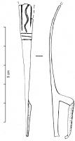 FIB-3063 - Fibule de Nauheim 5a49bronzeRessort à 4 spires et corde interne ; arc plat, triangulaire et tendu ; porte-ardillon trapézoïdal ajouré ; arc orné d'une échelle ondulée médiane et de deux filets latéraux, limités vers le pied par trois filets incisés transversaux. Le décor ne dépasse pas la moitié supérieure de l'arc.