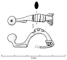 FIB-3533 - Fibule à pied redressé et bouton sphérique bronzeFibule coulée, arc massif souvent creusé de loges transversales pour incrustations de corail ; le pied est redressé à angle droit et terminé par un gros bouton sphérique ; ressort court, à corde interne, éventuellement sur axe.