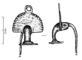 FIB-41120 - Fibule à plaque de tête semi-circulairebronzeFibule équipée d'une plaque de tête semi-circulaire, surmontée d'un anneau.
