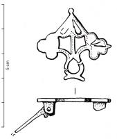 FIB-41702 - fibule géométrique platebronzeFibule plate, étamée et  dont la charnière, au revers, s'articule sur deux plaquettes coulées reliées par un axe en fer. Arc composé d'un anneau d'où partent deux feuilles stylisées, coiffées d'un élément triangulaire; décors de lignes ponctuées sur l'ensemble de la fibule.
