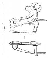 FIB-4189 - Fibule zoomorphe : cerfbronzeFibule en forme de cerf marchant à droite, la tête retournée en arrière, émaillée ; barre horizontale entre les sabots.