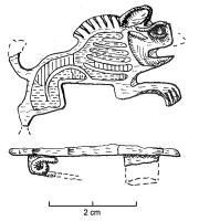 FIB-4348 - Fibule zoomorphe : lionbronzeTPQ : 200 - TAQ : 300Fibule en forme de lion bondissant à droite, loges d'émail figurant le pelage à l'aide de longues échancrures ; seules 2 pattes sont figurées.