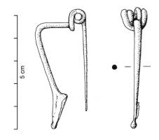 FIB-4486 - Fibule Almgren 15bronzeFibule très simple, à arc de section ronde, ployé à la tête, porte-ardillon trapézoïdal, ressort à 4 spires et corde interne. 