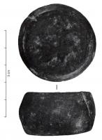 PDS-4457 - Poids sphérique (section) : 10 unciae ou dextansbronze, plombPoids en bronze coulé et remplissage de plomb, en forme de sphère avec deux faces horizontales (en section de sphère) ; marque I, poids de 10 unciae, soit 1 dextans.
