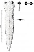 PGD-1036 - Poignard à languette débordantebronzePoignard à languette débordante, de forme trapézoïdale et percée de deux ou quatre trous de rivet ; partie tranchante à bords concavo-convexes.